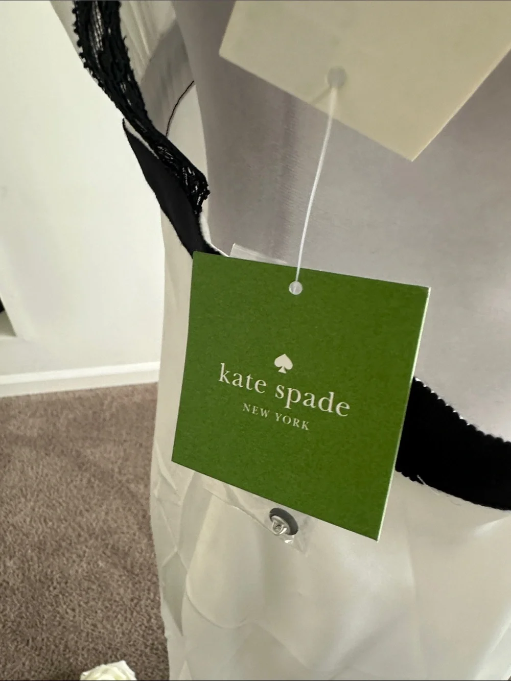 kate spade White Satin Slip with Black Lace Trim